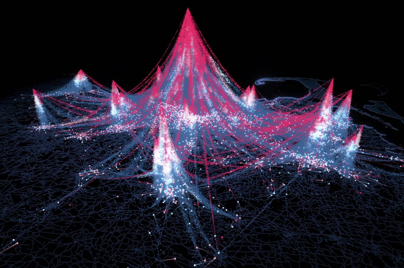 Wanderlust project by Senseable City Lab. This image visualizes the flows of individuals across the Greater Boston area as lines ( visiting frequency as color, number of unique visitors as width) that form spatial clusters of attractive places, with the height of mountains representing location-specific attractiveness